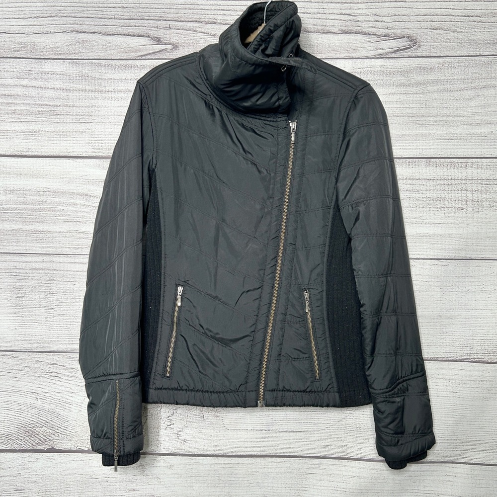 Prana Womens XS Black Quilted Asymmetrical Moto Jacket Sherpa Lined Funnel Neck